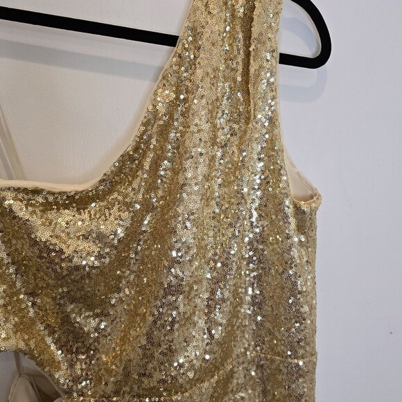 BCBGMAXAZRIA Gold Sequin One-Shoulder Mini Dress Draped Detailing Side Cutout XL - Picture 3 of 16